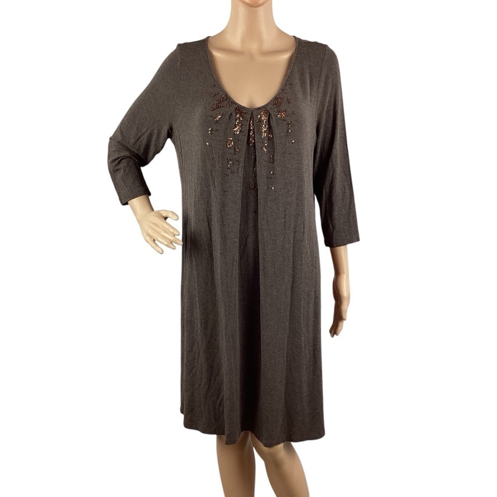 Eileen Fisher Earth Beaded Scoop Neck Knit Dress Size M